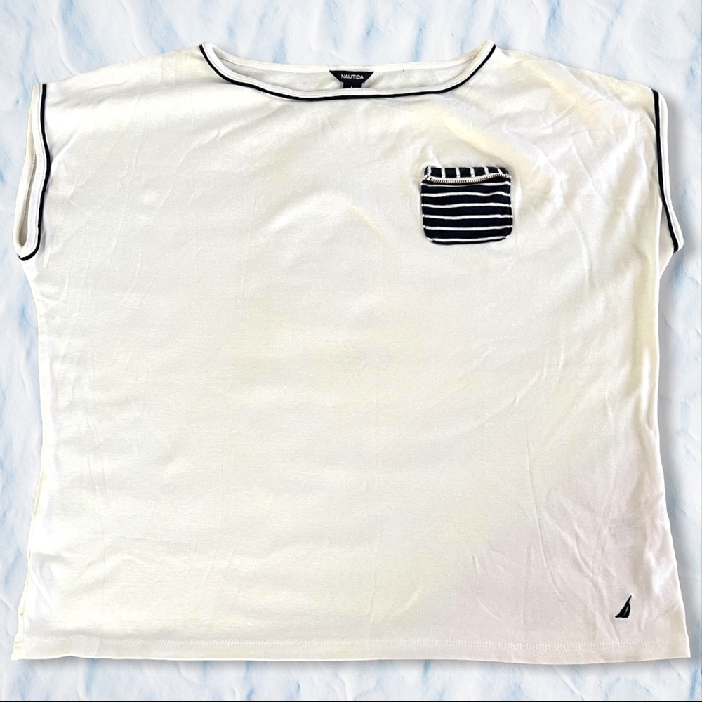 Nautica Women’s 100% Cotton Short Sleeve Shirt, White with Blue Trim | Size: L